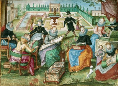 Add.1 7025 fol.50 坐在刺绣前的女士，选自 "Gervasius Fabricius 的 Amicorum 相册"（彩色石版）。 作者 德国学校
