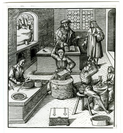 十六世纪早期的欧洲造币厂，来自 Der Weisskunig（雕刻） 作者 德国学校