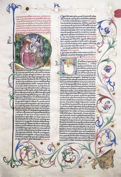 一张照亮的页面，描绘了他的书房中的圣杰罗姆（St. Jerome），以及一个边界，其中合并了遭到三个人袭击的格里芬，1470年 作者 德国学校