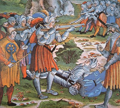 装甲士兵发射火柴锁的Arquebus，15世纪末（手绘木刻）。 作者 德国学校