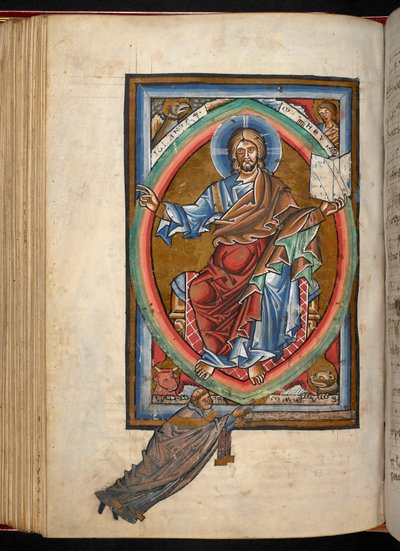 阿伦德尔 156 号，f.99v，基督威严地坐在曼陀罗内，周围环绕着四位福音书作者的标志，选自 "渐修、序修和圣礼"（牛皮纸）。 作者 德国学校