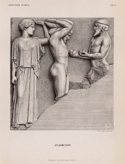 Atlas bringing Heracles the Apples of the Hesperides in the presence of Athena, metope from the Temple of Zeus, Olympia, Greece (engraving) 作者 德国学校