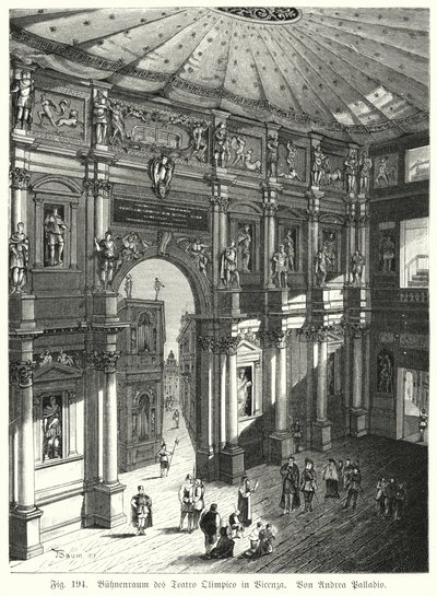 意大利皮亚琴察奥林匹克剧院的礼堂和舞台，由 Andrea Palladio 设计（雕刻） 作者 德国学校