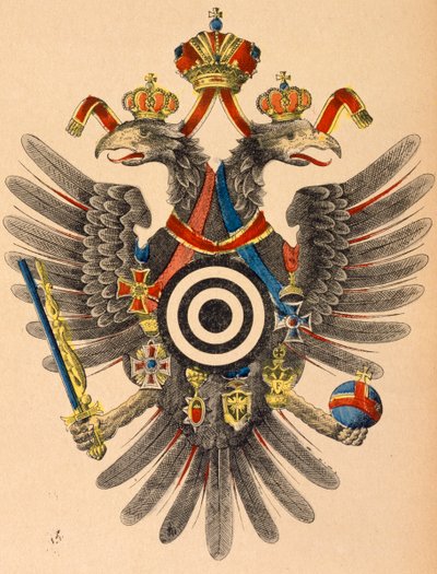 奥匈帝国的帝国徽章作为射箭目标，1865年（彩色木刻） 作者 德国学校