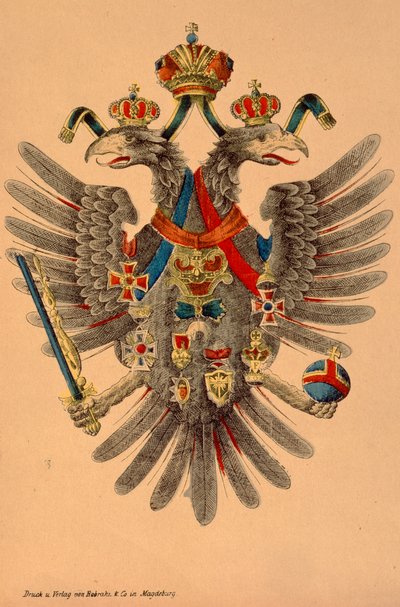 奥地利 - 匈牙利帝国的徽章，由马格德堡的Robraki＆Co.出版，1865年（彩色木刻） 作者 德国学校