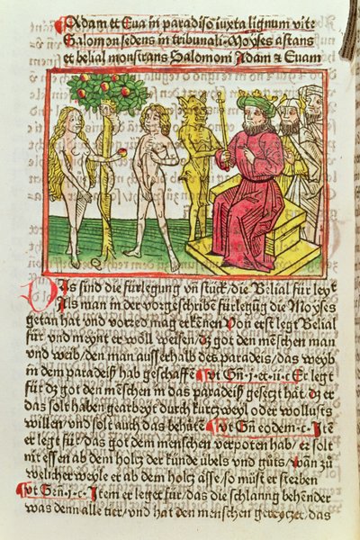 Belial将亚当和夏娃呈现给所罗门，插图来自Das Buch Belial的德语翻译，1473年（彩色木刻） 作者 德国学校