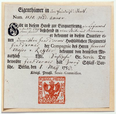 Billeting代金券，1759年（打印和笔墨） 作者 德国学校