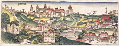 布拉格的鸟瞰图来自纽伦堡纪事报，作者：Hartmann Schedel（1440-1514）1493 作者 德国学校