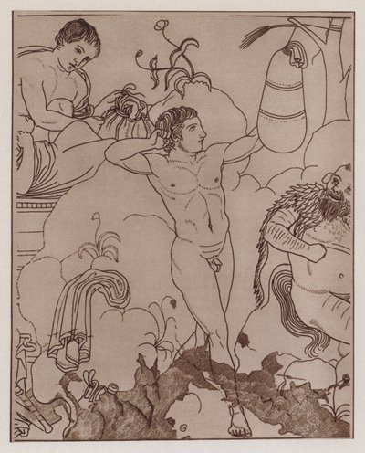 拳击手用沙袋训练，古希腊花瓶画（石版画） 作者 德国学校