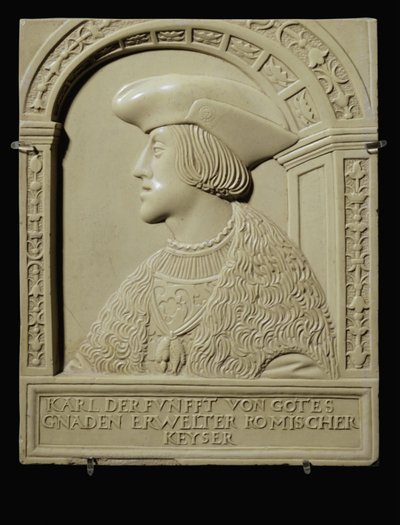 卡尔五世皇帝年轻时的半身像，1520 年后......（石灰石） 作者 德国学校