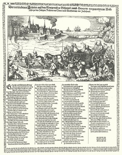 描绘耶稣会士在 1620 年三十年战争开始时被驱逐出波希米亚和匈牙利的卡通图（版画） 作者 德国学校