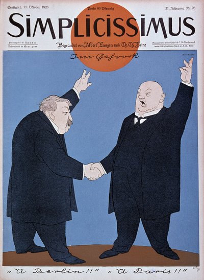 关于法德和解的漫画：Briand 和 Stresemann - 在 1926 年 11 月 10 日的“”Simplicissimus”中（版画） 作者 德国学校