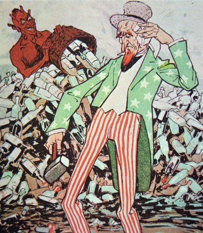 卡通显示山姆大叔在禁酒时期 (1920-33) 被魔鬼制造的盗版流弄得筋疲力尽（彩色石版画） 作者 德国学校