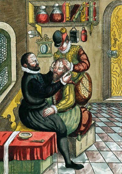 白内障手术，来自Ophthalmodouleia，由Georg Bartisch（1535-1636）于1583年在德累斯顿出版（彩色木版画） 作者 德国学校