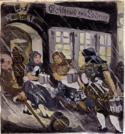德国慕尼黑（Munchen）马克斯-费尔德鲍尔啤酒厂露台上的人物在雪下。1905年的雕版画。巴黎，装饰艺术 作者 德国学校