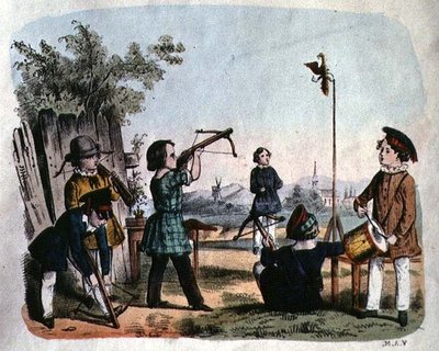 儿童用箭杆射击目标，约1860年（彩色雕刻）。 作者 德国学校