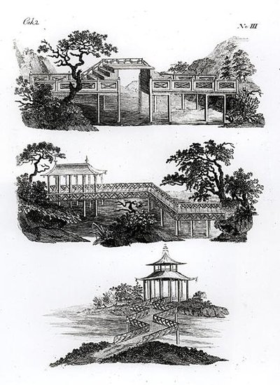 中国风格的桥梁，摘自1779年出版的《花园的最新创意》（雕刻）（黑白照片）。 作者 德国学校