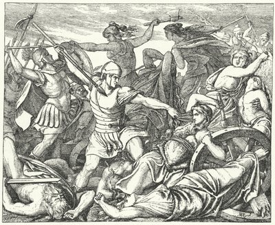 Cimbrian women defending their baggage train against attacking Roman soldiers, late 2nd Century AD (engraving) 作者 德国学校