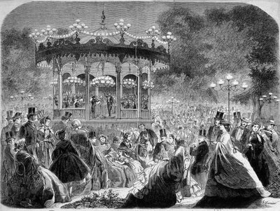 香榭丽舍大街音乐亭的音乐会，德国版画诉 1861。 作者 德国学校