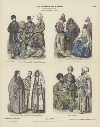 中亚的服装，19世纪末（彩色雕刻）。 作者 德国学校