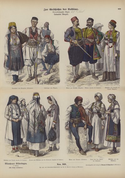 达尔马提亚人的服装，19世纪末（彩色版画）。 作者 德国学校