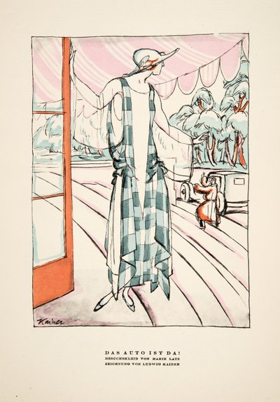 "Das Auto Ist Da!"，Marie Latz 的连衣裙广告，选自《风格》，1922 年出版（pochoir 印刷品） 作者 德国学校