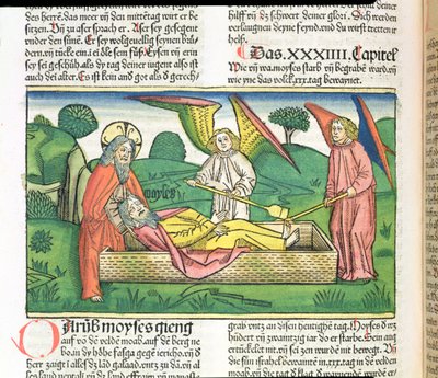 申命记34摩西之死，来自纽伦堡圣经（Biblia Sacra Germanaica）（彩色木刻） 作者 德国学校