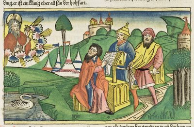申命记：上帝制定法律的主题，来自纽伦堡圣经（Biblia Sacra Germanaica）（彩色木刻） 作者 德国学校