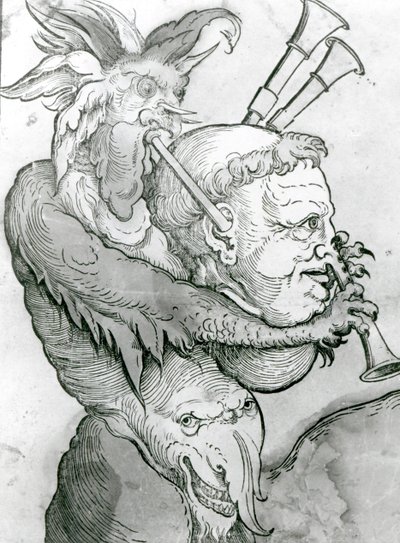魔鬼玩勒芒头作为风笛，1144（木版画） 作者 德国学校