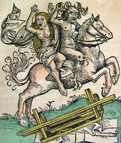 魔鬼和骑在马背上的女人，发表于1493年的纽伦堡纪事报 作者 德国学校