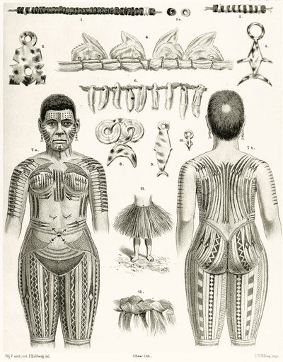 图表显示波利尼西亚珠宝，饰品和纹身设计，1888年 作者 德国学校