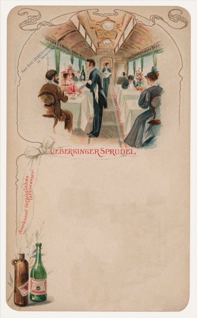 火车上的餐车，Ueberkinger Sprudel餐桌水的广告（铬酸盐）。 作者 德国学校