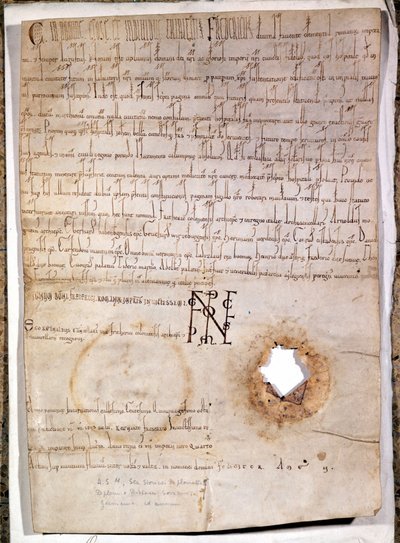 1158年7月10日的曼图亚医院的文凭。该文件由德国皇帝弗雷德里克一世-巴贝罗萨（1122 - 1190）签署。米兰国家档案馆。 作者 德国学校