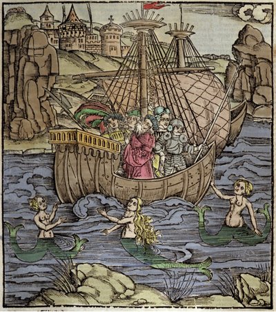 Eneide de Virgil（公元前 70 年-公元前 19 年），特洛伊英雄埃尼和他的伙伴们穿越了充满海妖的大海。 Sebastian Brant (1458-1521) 的木版画。 斯特拉斯堡 作者 德国学校