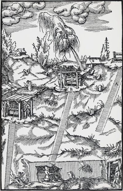 Georg Pawer 或 Georgius Agricola (1494-1555) 的 De re metala（论金属的性质）雕刻，在巴塞尔出版 作者 德国学校