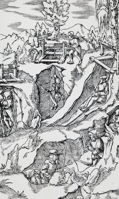 雕刻自De re metallica（论金属的性质），作者Georg Pawer或Georgius Agricola（1494-1555），在巴塞尔出版。 作者 德国学校