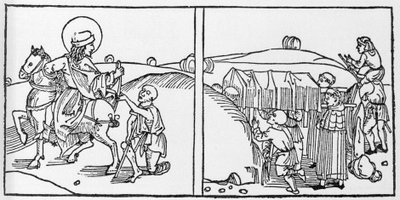 圣马丁生活的剧集。 Voragine (1228-1298) 的 Jacobus (James) 的“Leben der Heiligen - sommerteil”（圣人之书）雕刻。 吕贝克 1488。 作者 德国学校