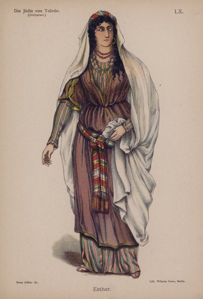 Esther，来自 Die Judin von Toledo（托莱多的犹太人）作者 Franz Grillparzer（彩色石版画） 作者 德国学校