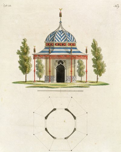 中国花园寺的外观，来自最近的花园新思路，1779年出版（彩色版画）（另见170864） 作者 德国学校