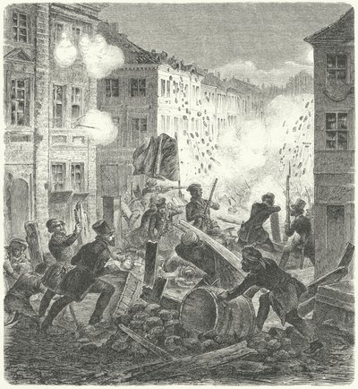 1848 年革命，柏林，科恩市政厅前的路障战斗（版画） 作者 德国学校