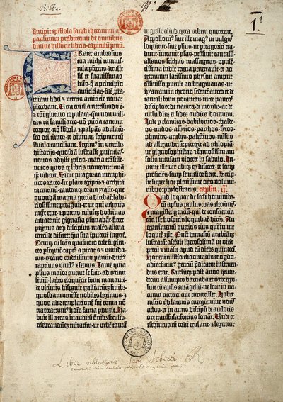 1452-1454年，古腾堡在美因茨编写的拉丁文《圣经》（vulgate）的第一页。圣杰罗姆给牧师鲍林的墓志铭的开头，涉及所有的圣经书籍。 作者 德国学校