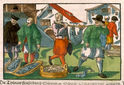 Fishmarket，来自德国手稿，c.1650（手工彩色木刻） 作者 德国学校