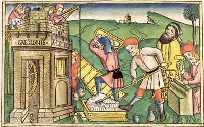 创世纪11 1-9建造巴别塔，来自纽伦堡圣经（Biblia Sacra Germanaica）（彩色木刻） 作者 德国学校