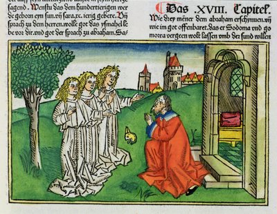 创世纪18 2亚伯拉罕和三位天使，来自纽伦堡圣经（Biblia Sacra Germanaica）（彩色木刻） 作者 德国学校