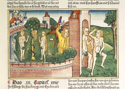 创世纪3 1-24来自纽伦堡圣经（Biblia Sacra Germanaica）的天堂的诱惑和驱逐（彩色木刻） 作者 德国学校