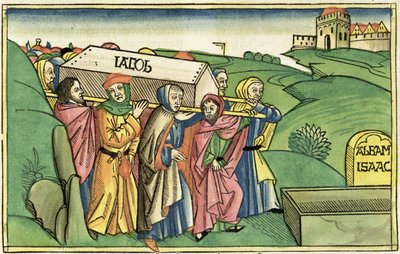 创世纪49：28-33雅各布的葬礼，来自纽伦堡圣经（Biblia Sacra Germanaica）（彩色木刻） 作者 德国学校