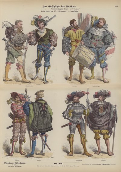 德国Landsknechte（雇佣兵），16世纪初（彩色版画）。 作者 德国学校