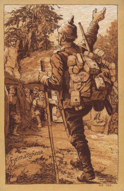 携带邮件的德国士兵在返回部队时受到热烈欢迎（石版画） 作者 德国学校