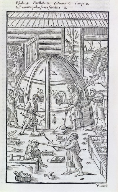 玻璃厂，展示大理石熔炉和玻璃鼓风机的插图（木刻） 作者 德国学校