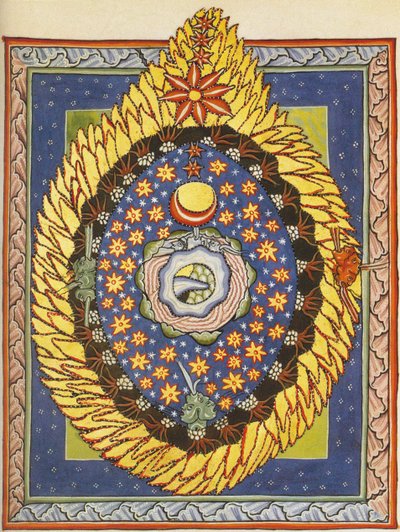 上帝、宇宙和人类。 宾根希尔德加德 (Hildegard of Bingen) 的《Liber Scivias》微型画，c.1175（羊皮纸上的水彩画） 作者 德国学校
